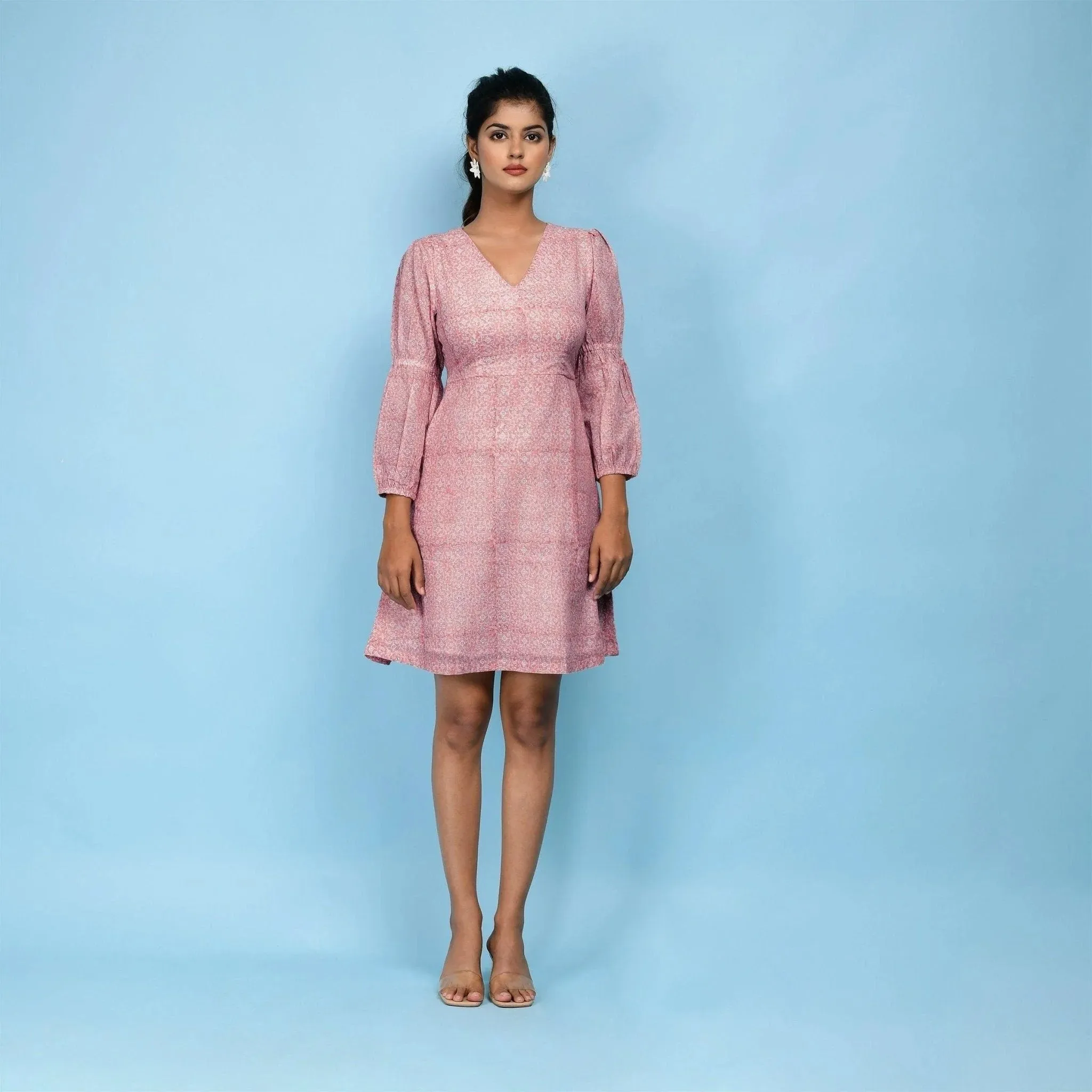 Powder Pink Block Print Cotton Short Dress