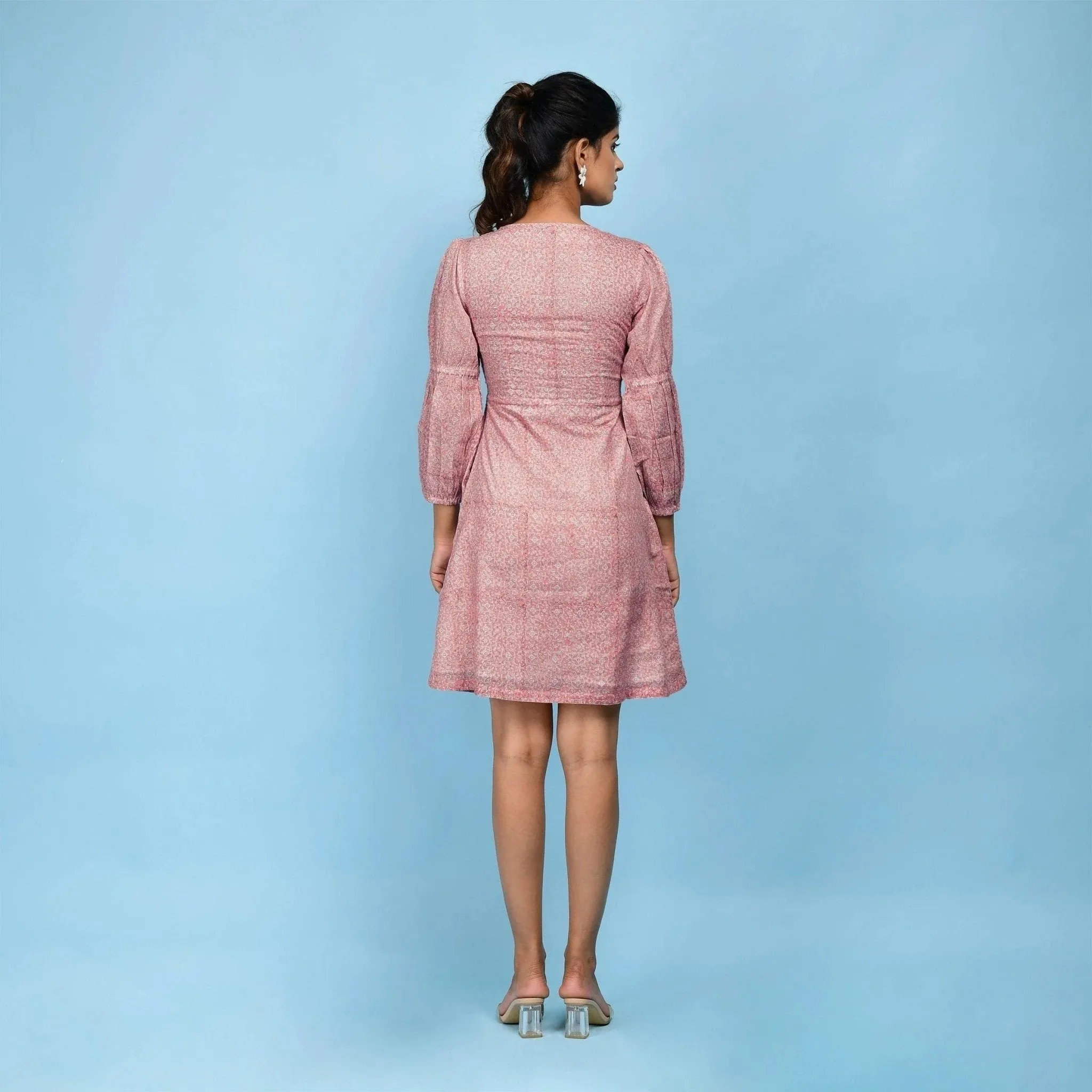 Powder Pink Block Print Cotton Short Dress