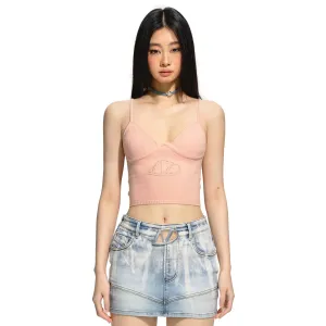 Printed Cutout Short Knit Suspenders Pink