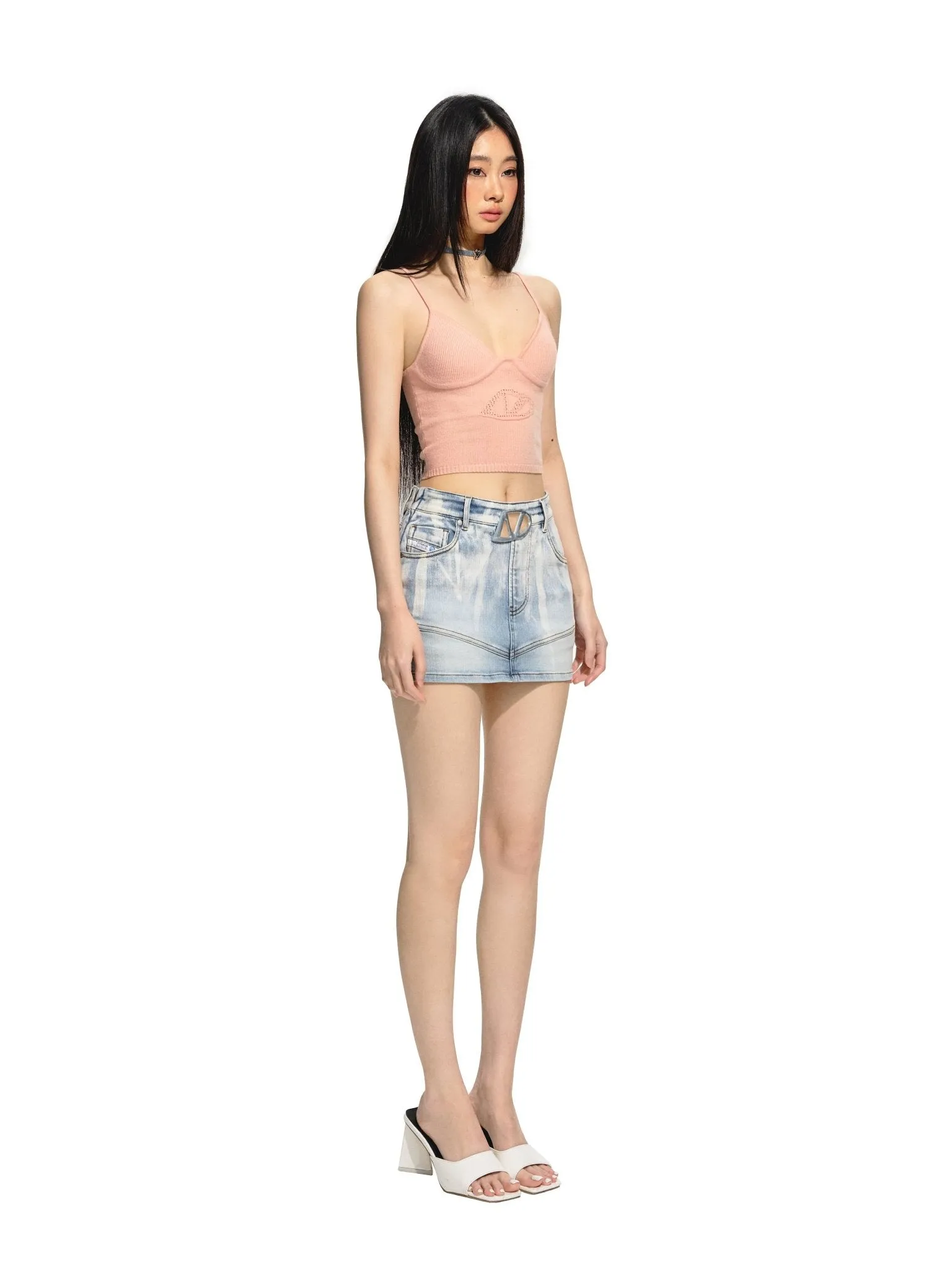 Printed Cutout Short Knit Suspenders Pink