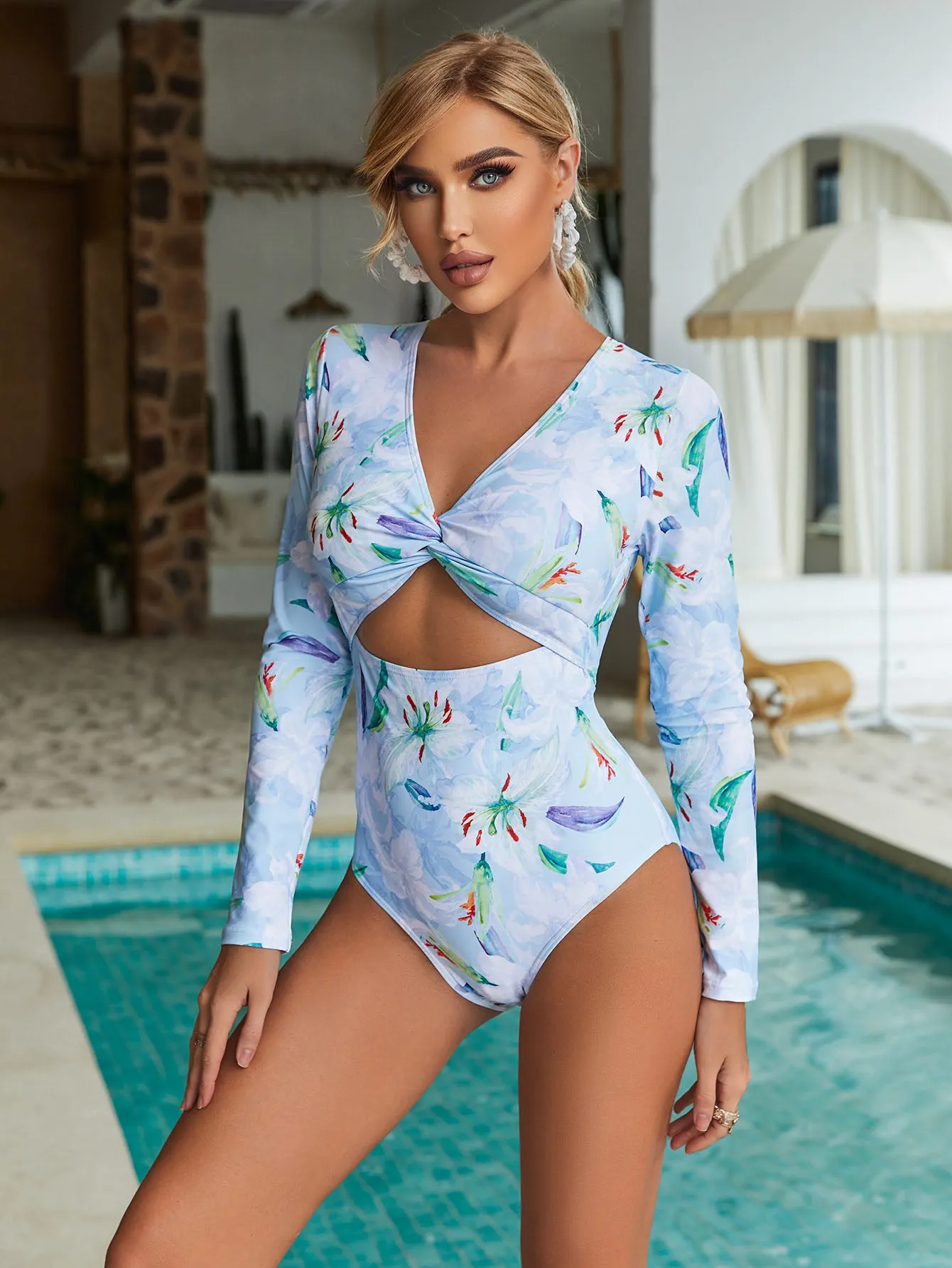 Printed long sleeve sexy women's one-piece swimsuit UPF50  Rash Guard