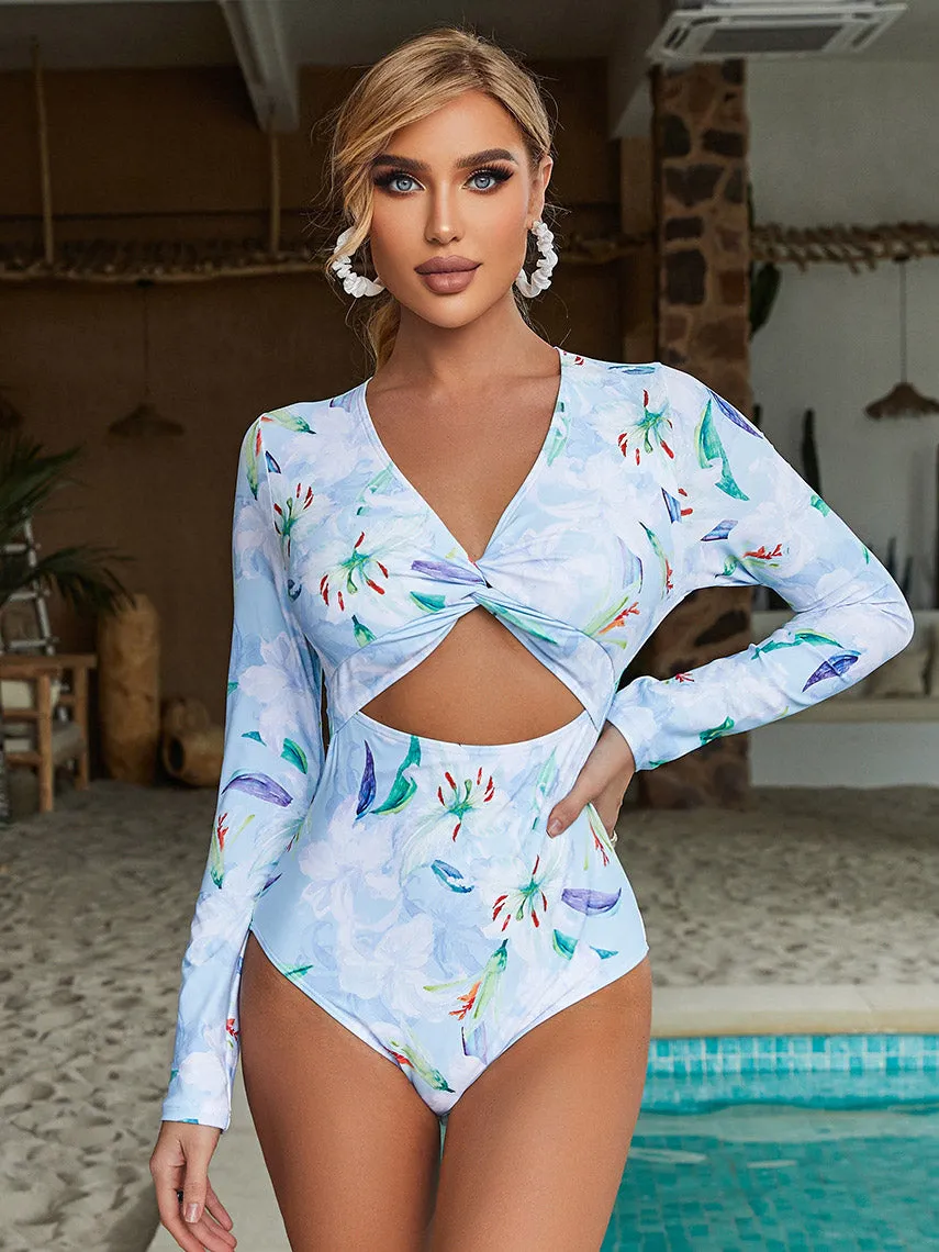 Printed long sleeve sexy women's one-piece swimsuit UPF50  Rash Guard
