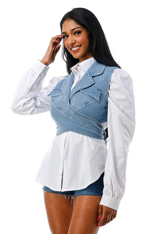 Puff Shoulder Denim Top