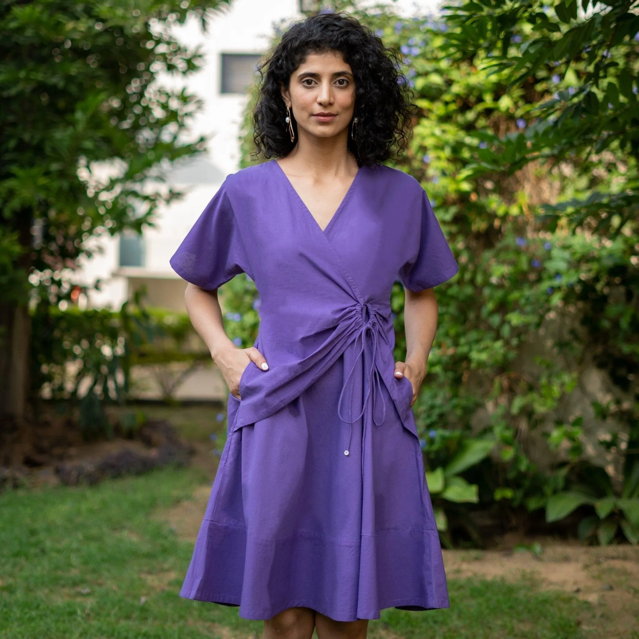 Purple Cotton Poplin Drop Shoulder Sleeves Knee Length Wrap Dress