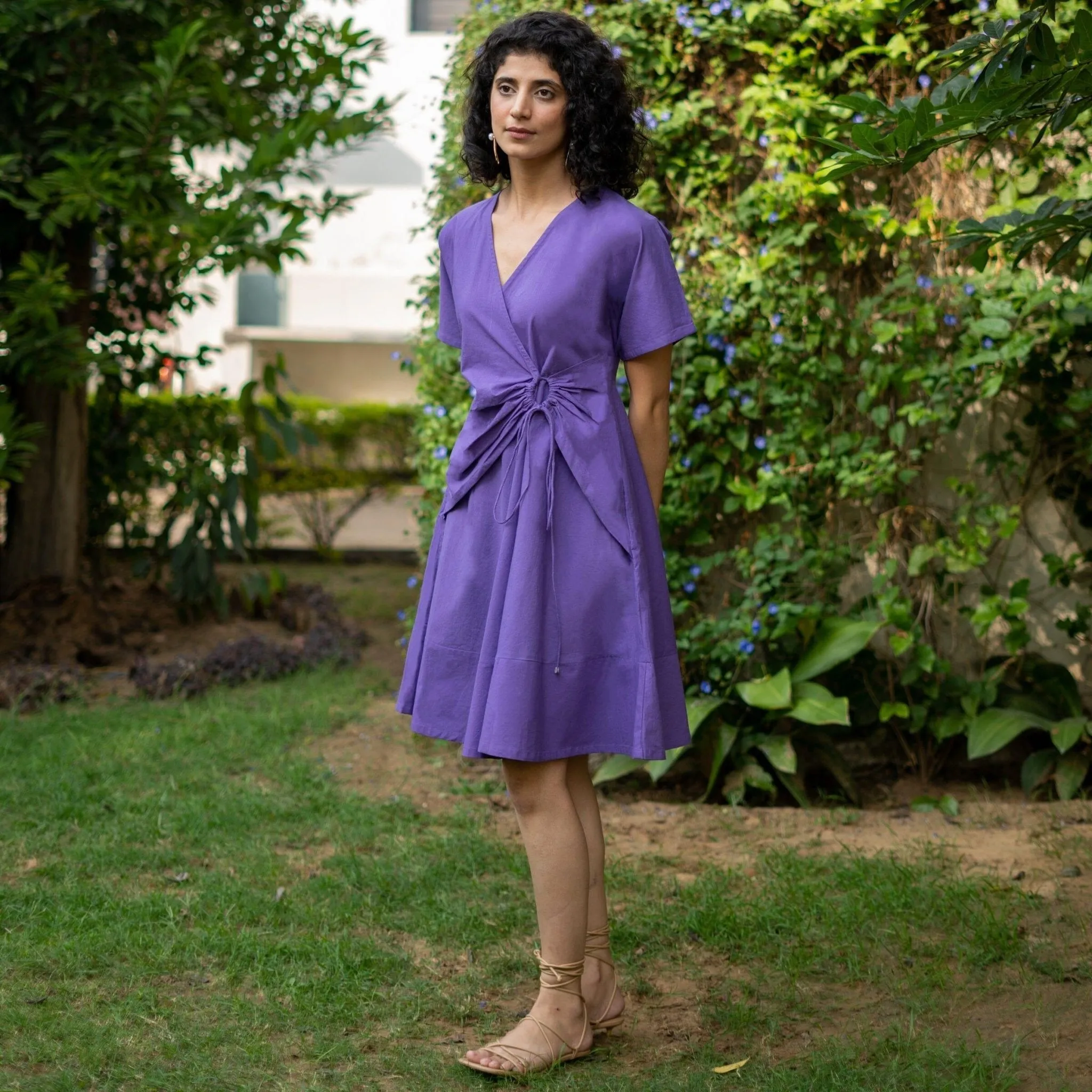 Purple Cotton Poplin Drop Shoulder Sleeves Knee Length Wrap Dress
