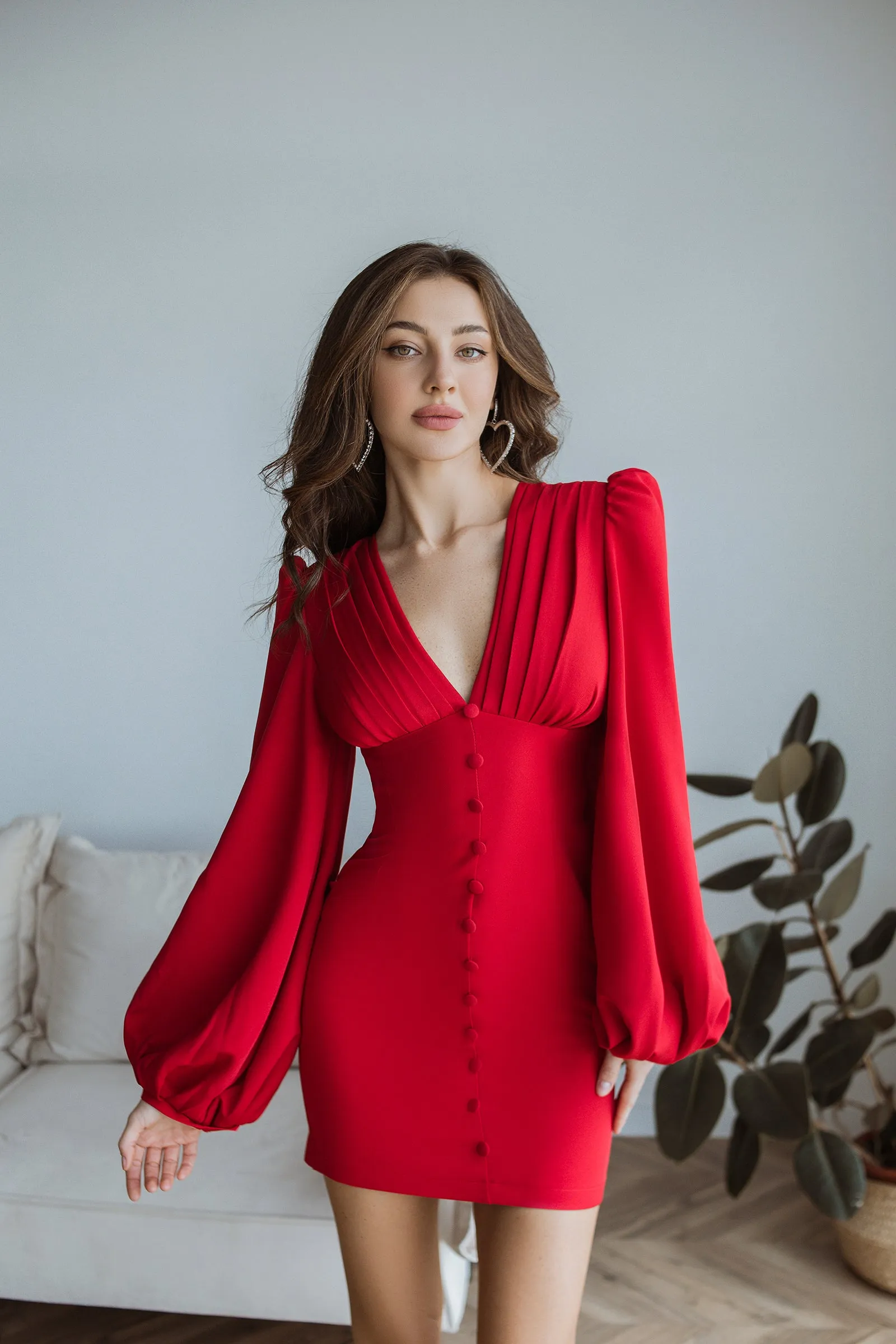 Red Backless Puff Sleeve Mini Dress