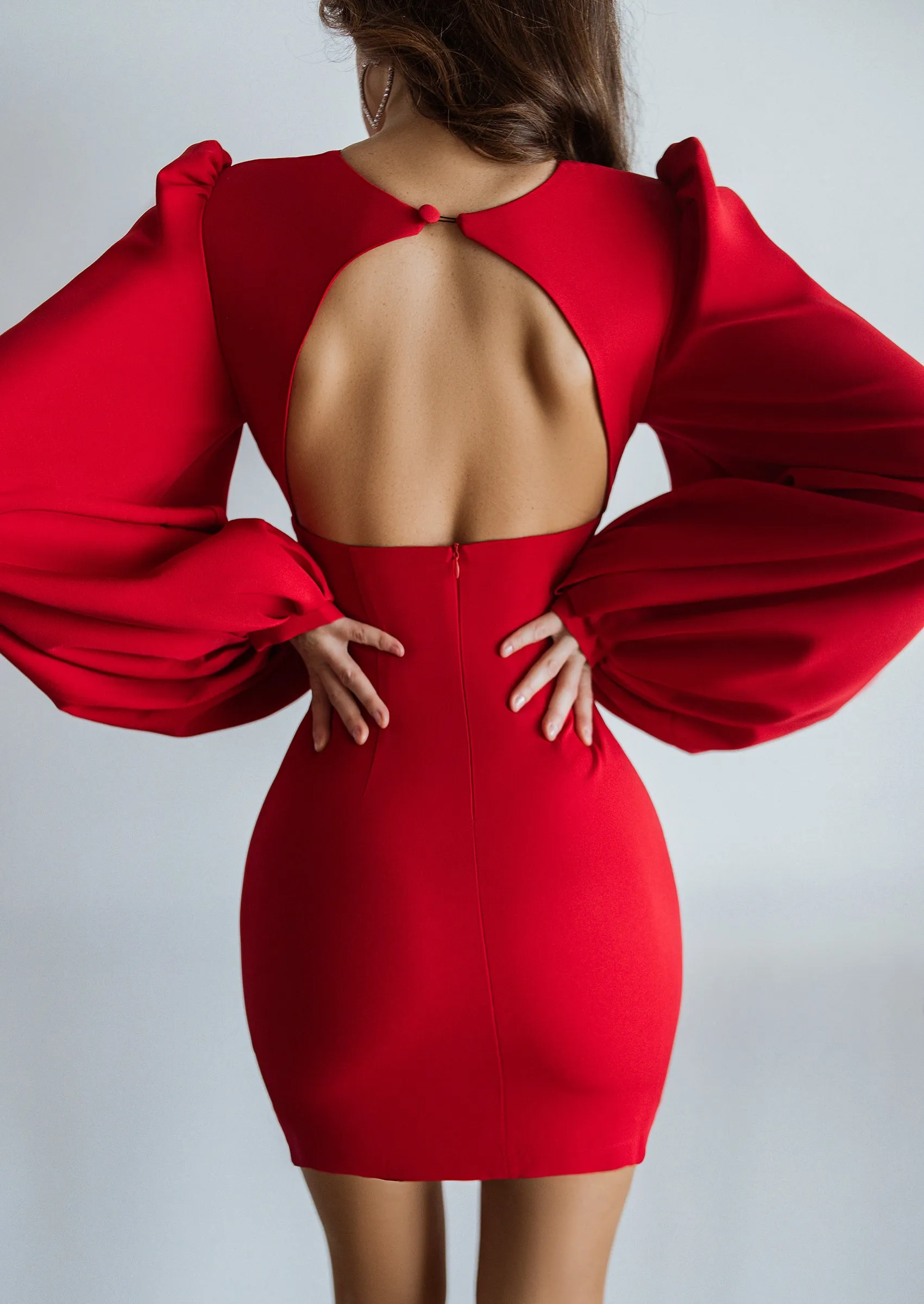 Red Backless Puff Sleeve Mini Dress