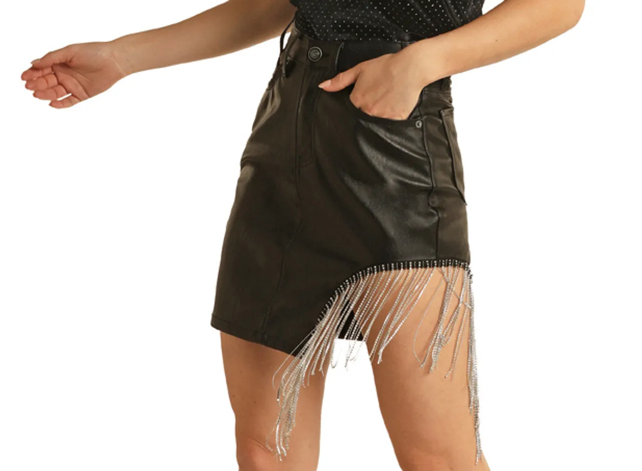 Rock & Roll Denim High Rise Extra Stretch Pleather Skirt with Chain Fringe RRWD69R0LA JJ