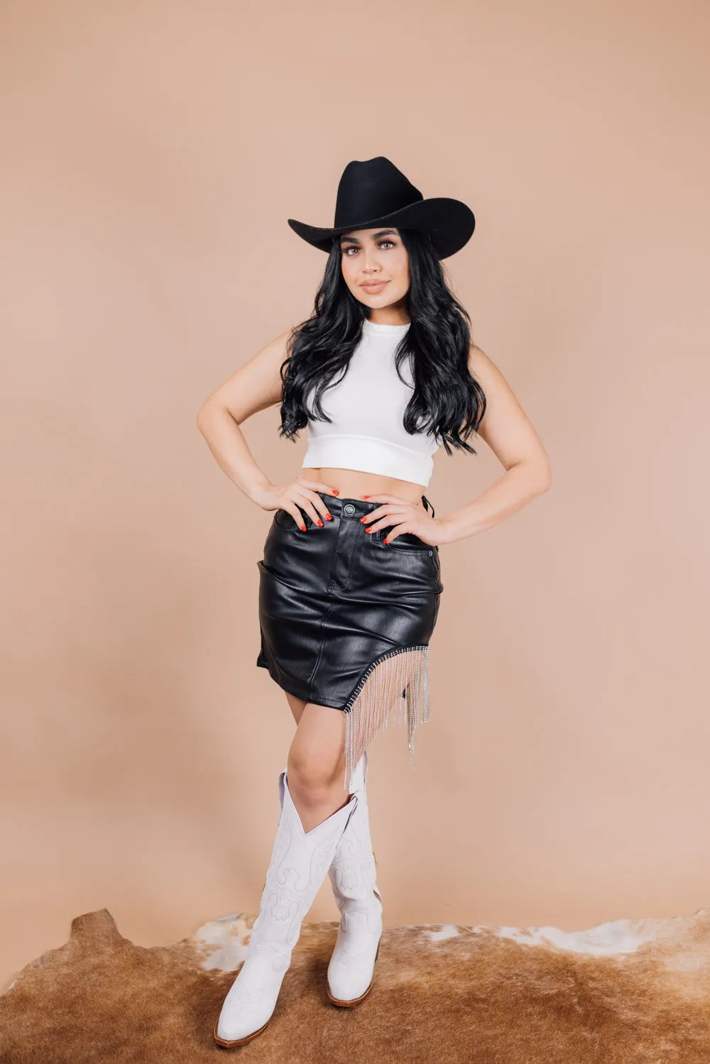 Rock & Roll Denim High Rise Extra Stretch Pleather Skirt with Chain Fringe RRWD69R0LA JJ