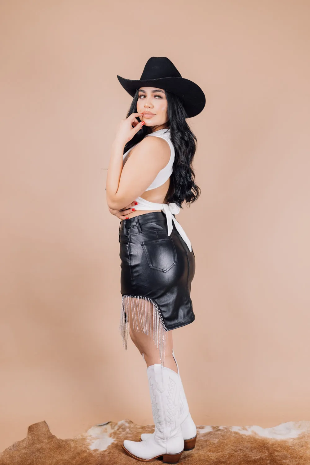 Rock & Roll Denim High Rise Extra Stretch Pleather Skirt with Chain Fringe RRWD69R0LA JJ