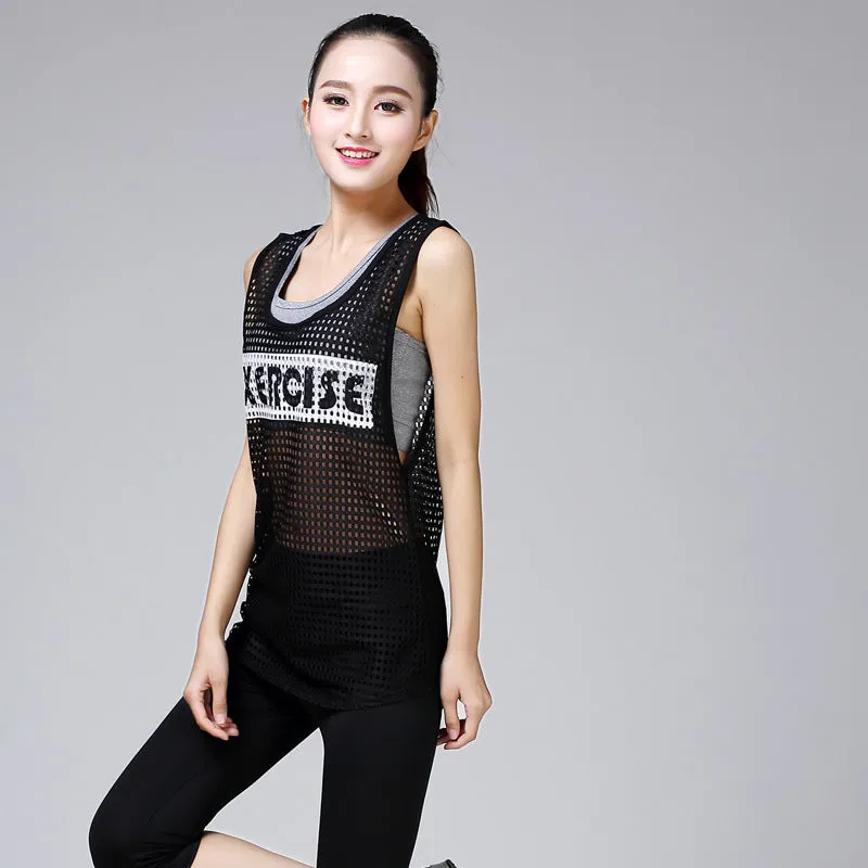 Round-Neck Sexy Mesh Yoga Europe Women Summer Loose Breathable Fitness Training Sporty Tank Top Long Activewear