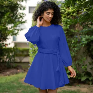 Royal Blue Cotton Poplin Fit and Flare Balloon Sleeves Short Dress