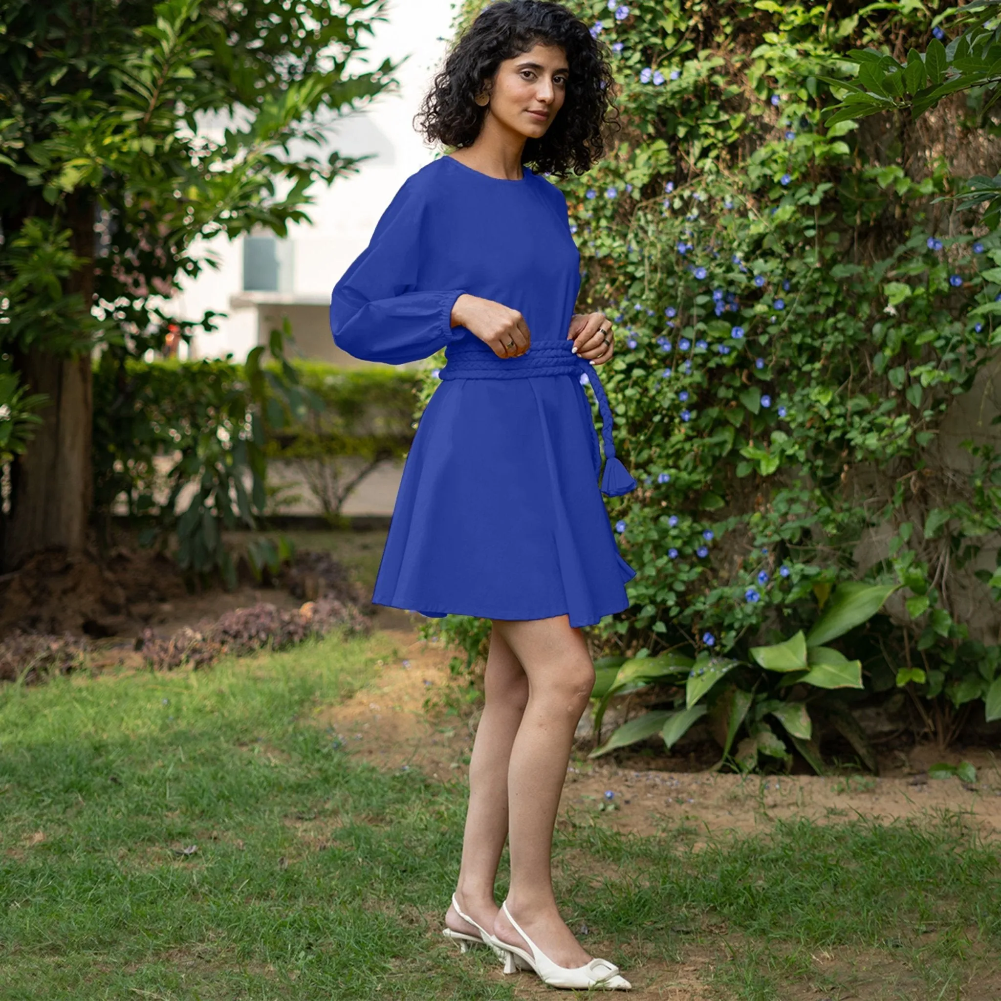 Royal Blue Cotton Poplin Fit and Flare Balloon Sleeves Short Dress