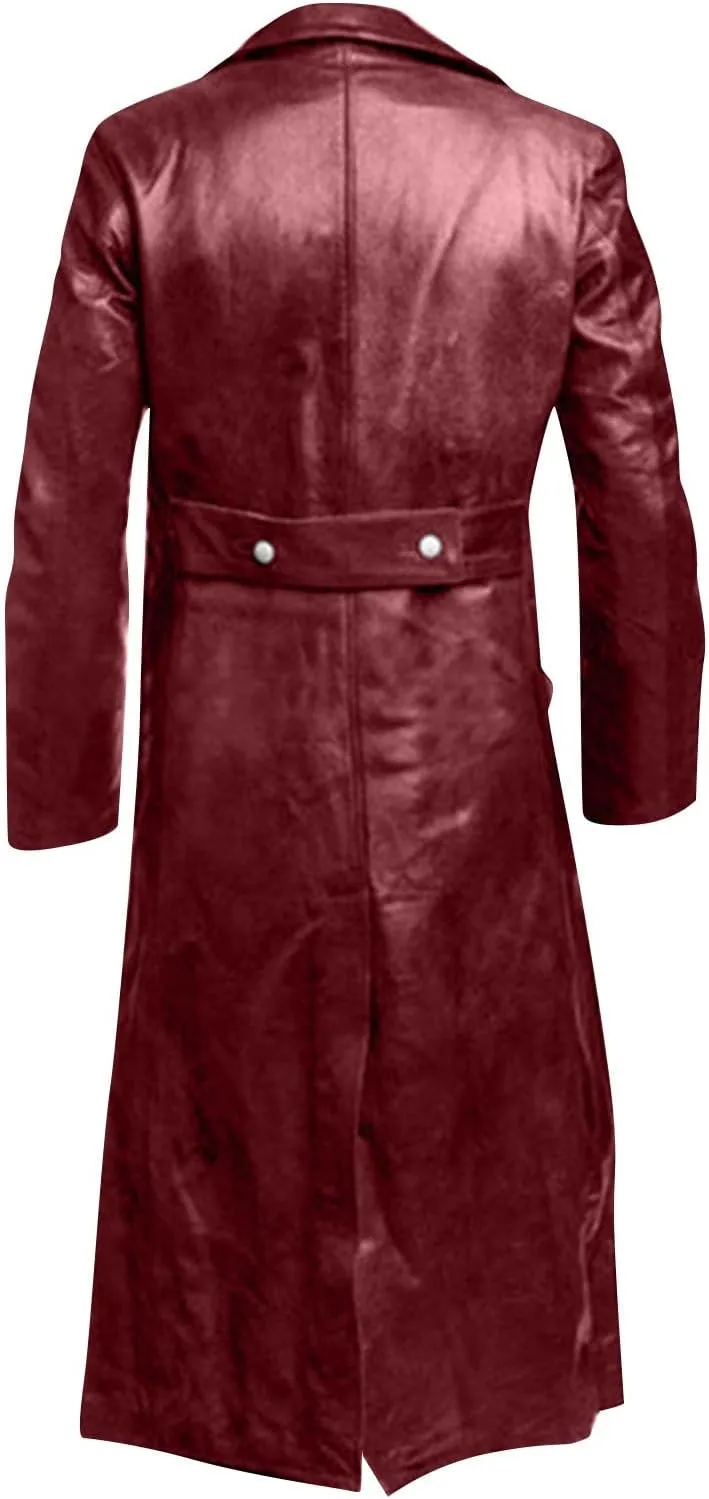 RTRDE Mens Winter Trench Coat Faux Leather Full Length Black Classic Long Peacoat Overcoat Fashion, M-4XL