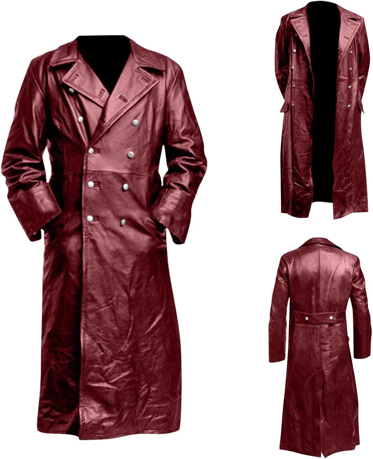 RTRDE Mens Winter Trench Coat Faux Leather Full Length Black Classic Long Peacoat Overcoat Fashion, M-4XL
