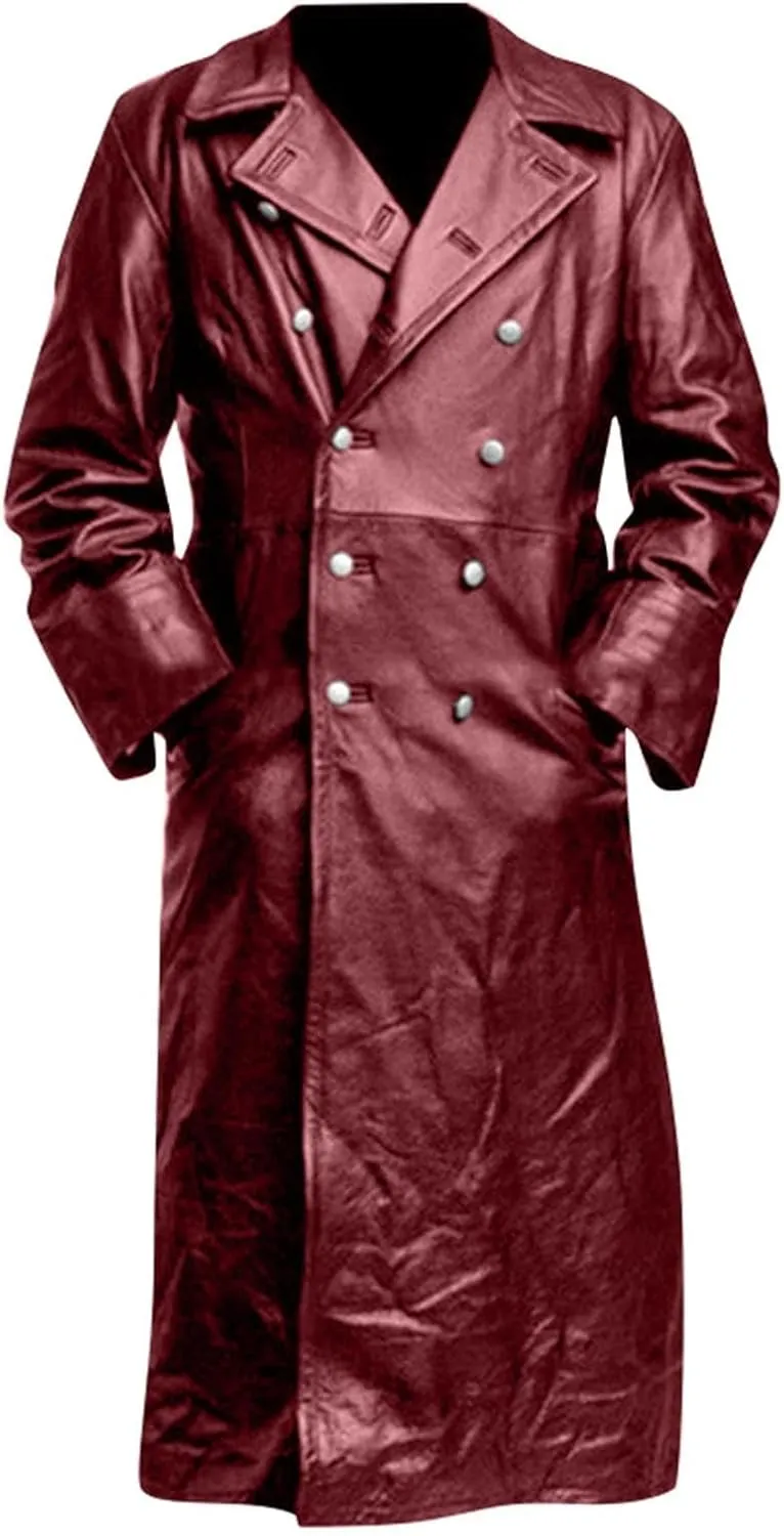 RTRDE Mens Winter Trench Coat Faux Leather Full Length Black Classic Long Peacoat Overcoat Fashion, M-4XL