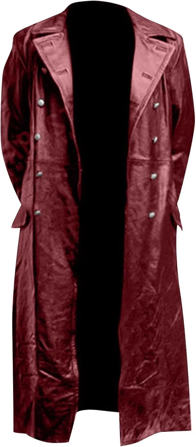 RTRDE Mens Winter Trench Coat Faux Leather Full Length Black Classic Long Peacoat Overcoat Fashion, M-4XL