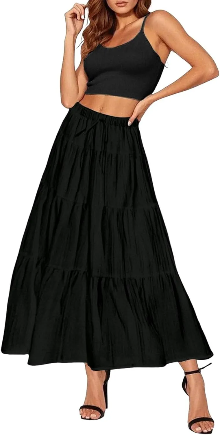 Ruffle Long Skirts Women Drawstring Pleated Flowy Peasant Maxi Skirt Summer Vacation Beach High Waisted Tiered Skirts