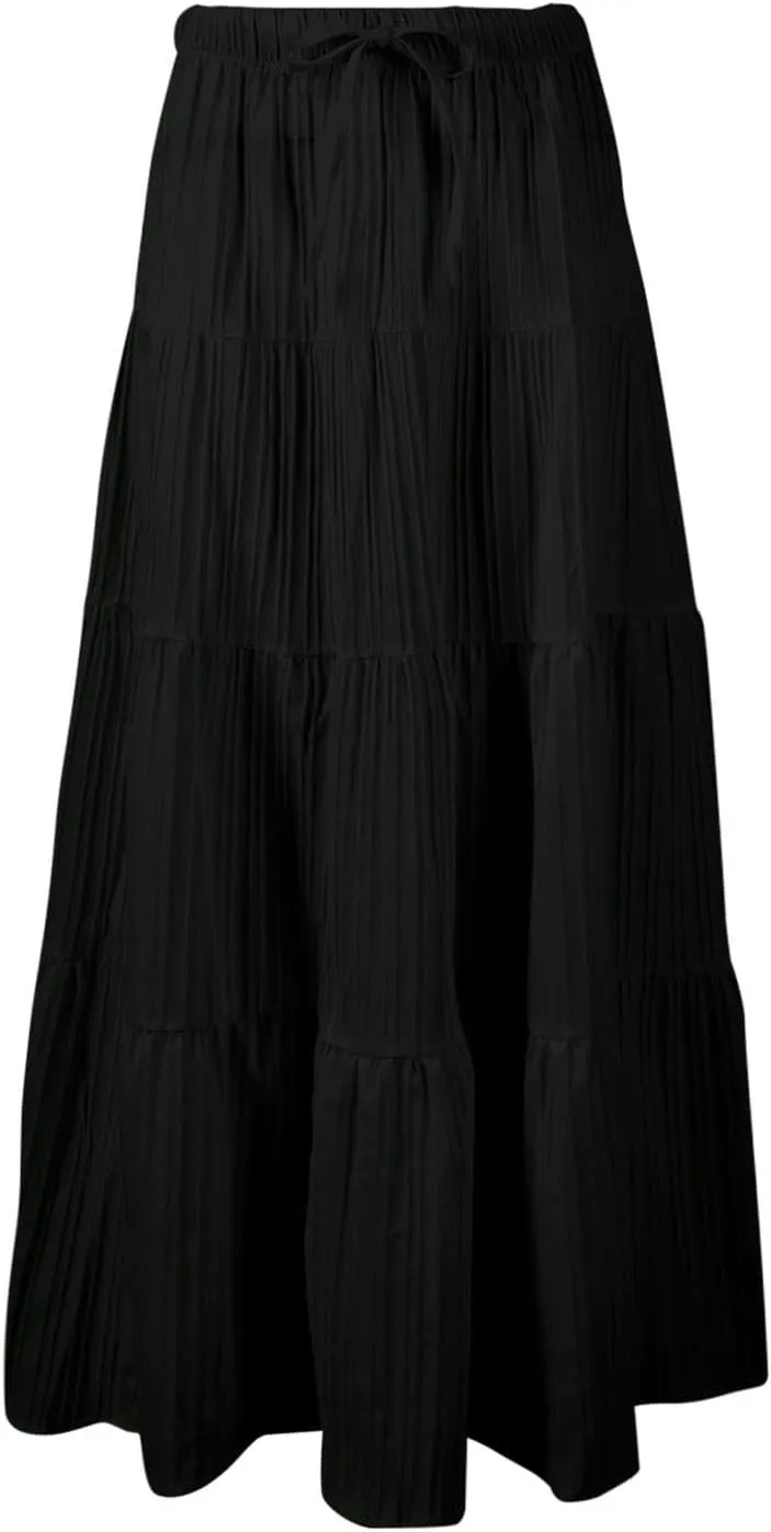 Ruffle Long Skirts Women Drawstring Pleated Flowy Peasant Maxi Skirt Summer Vacation Beach High Waisted Tiered Skirts