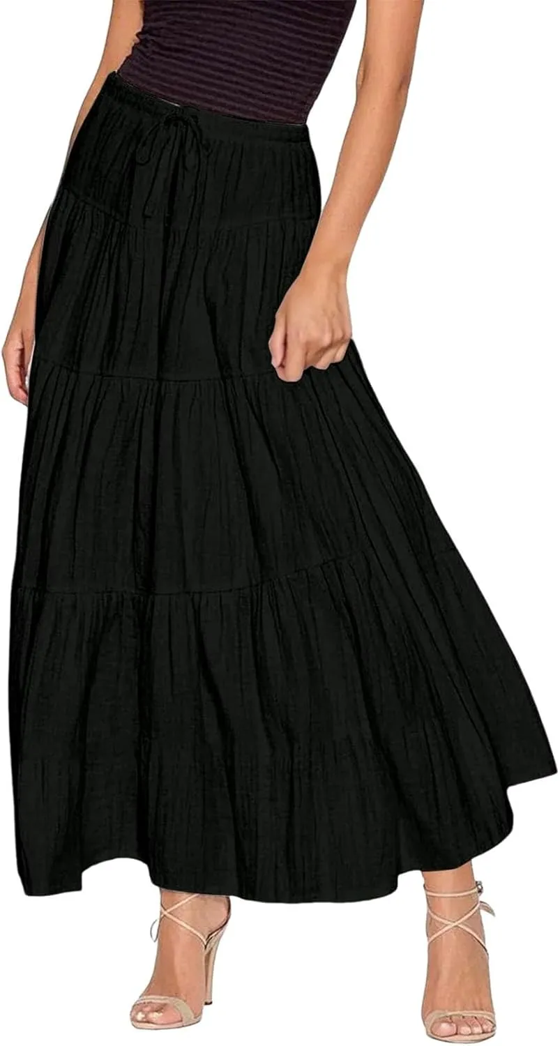 Ruffle Long Skirts Women Drawstring Pleated Flowy Peasant Maxi Skirt Summer Vacation Beach High Waisted Tiered Skirts