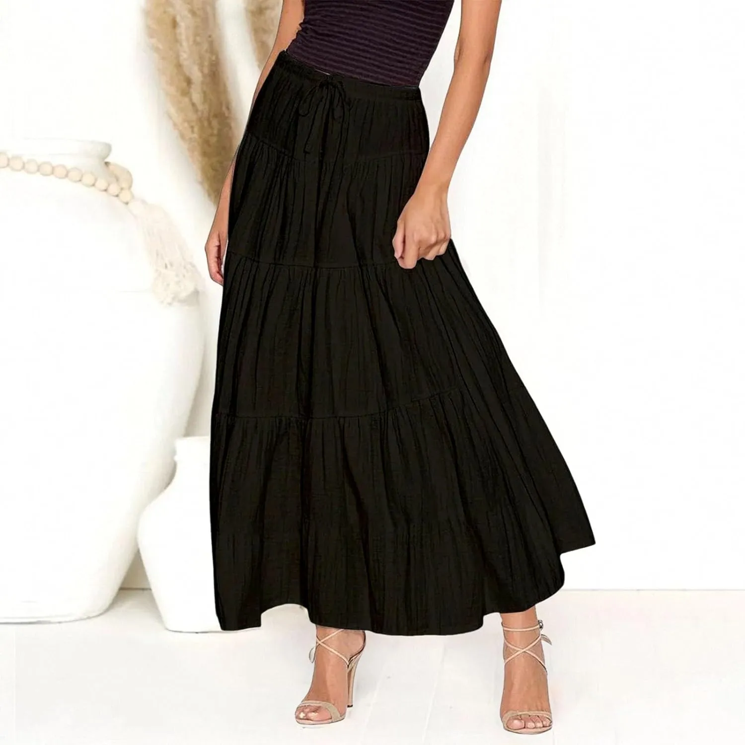 Ruffle Long Skirts Women Drawstring Pleated Flowy Peasant Maxi Skirt Summer Vacation Beach High Waisted Tiered Skirts