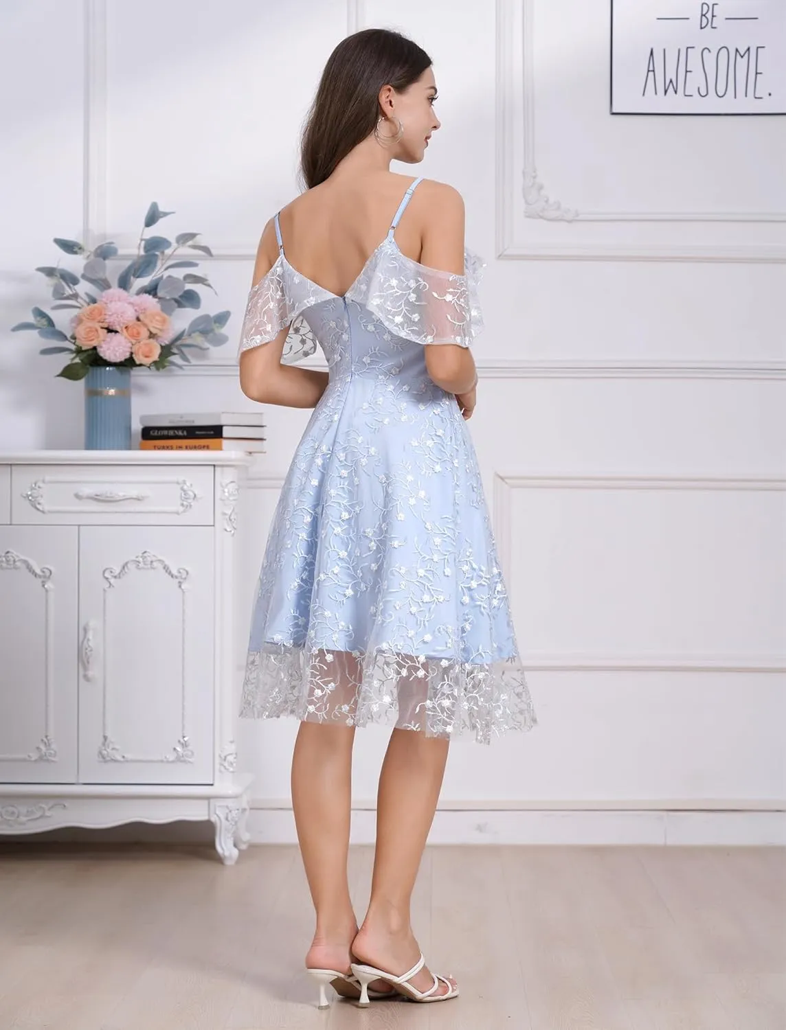 Ruffle Spaghetti Strap Floral Embroidered Dress for Women Flower Wedding Guest Dress Mesh Tulle Prom Tea Party Cocktail Dress