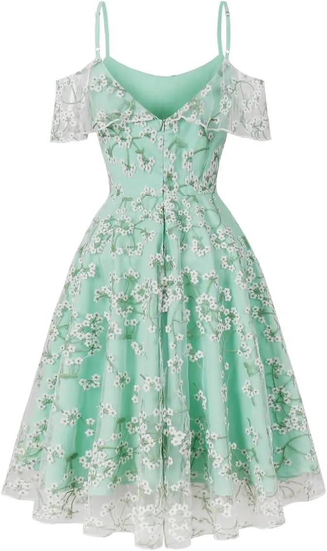Ruffle Spaghetti Strap Floral Embroidered Dress for Women Flower Wedding Guest Dress Mesh Tulle Prom Tea Party Cocktail Dress