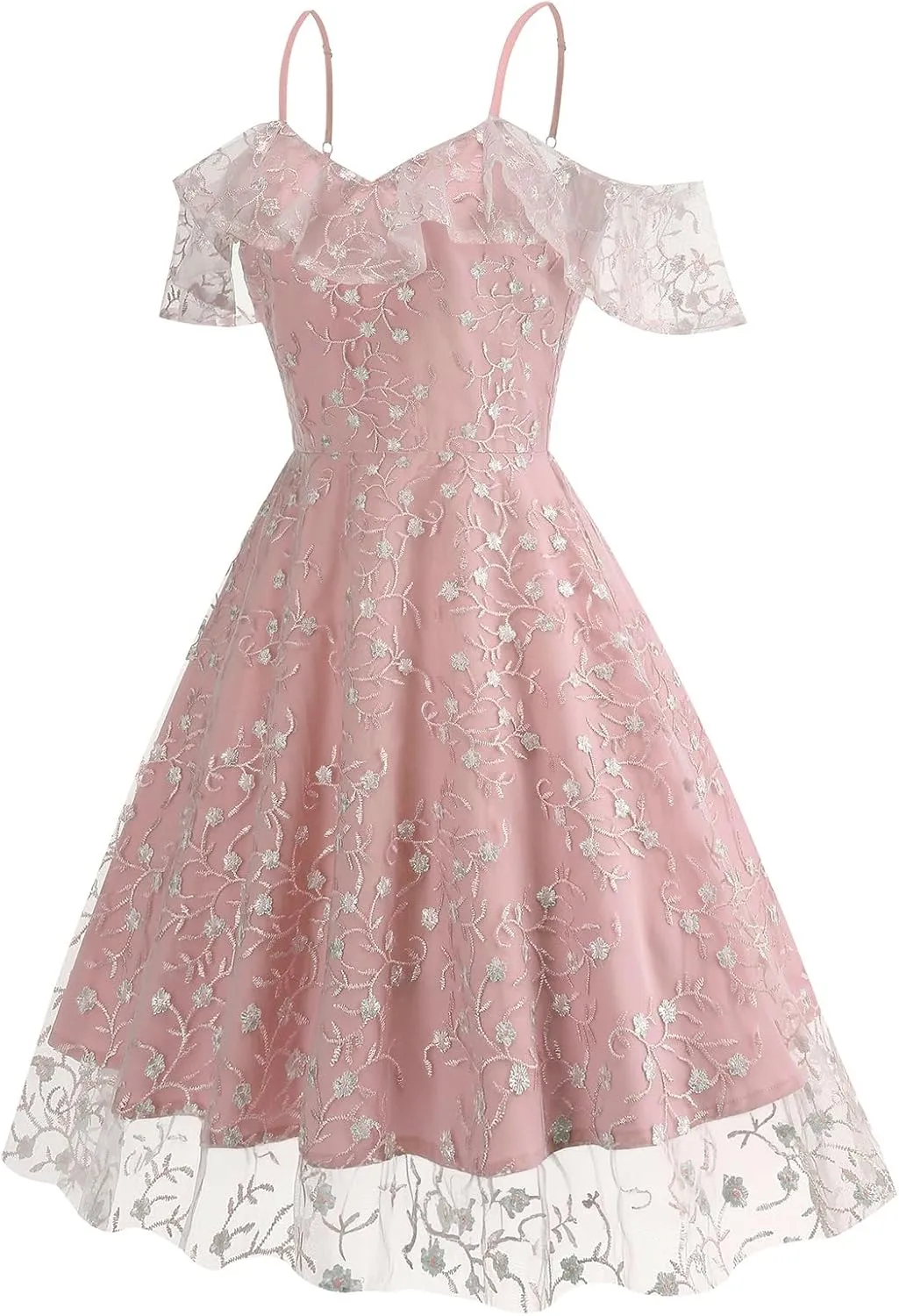 Ruffle Spaghetti Strap Floral Embroidered Dress for Women Flower Wedding Guest Dress Mesh Tulle Prom Tea Party Cocktail Dress