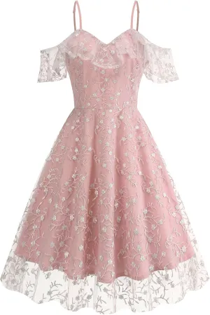 Ruffle Spaghetti Strap Floral Embroidered Dress for Women Flower Wedding Guest Dress Mesh Tulle Prom Tea Party Cocktail Dress
