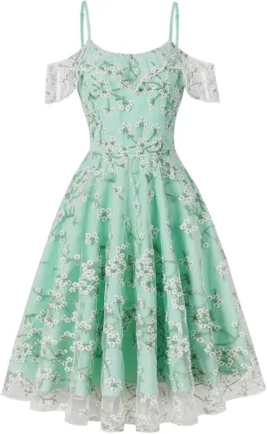 Ruffle Spaghetti Strap Floral Embroidered Dress for Women Flower Wedding Guest Dress Mesh Tulle Prom Tea Party Cocktail Dress