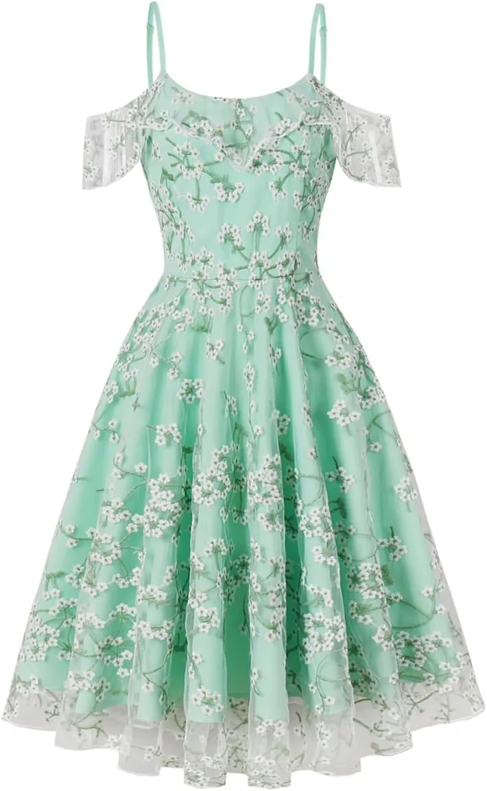 Ruffle Spaghetti Strap Floral Embroidered Dress for Women Flower Wedding Guest Dress Mesh Tulle Prom Tea Party Cocktail Dress