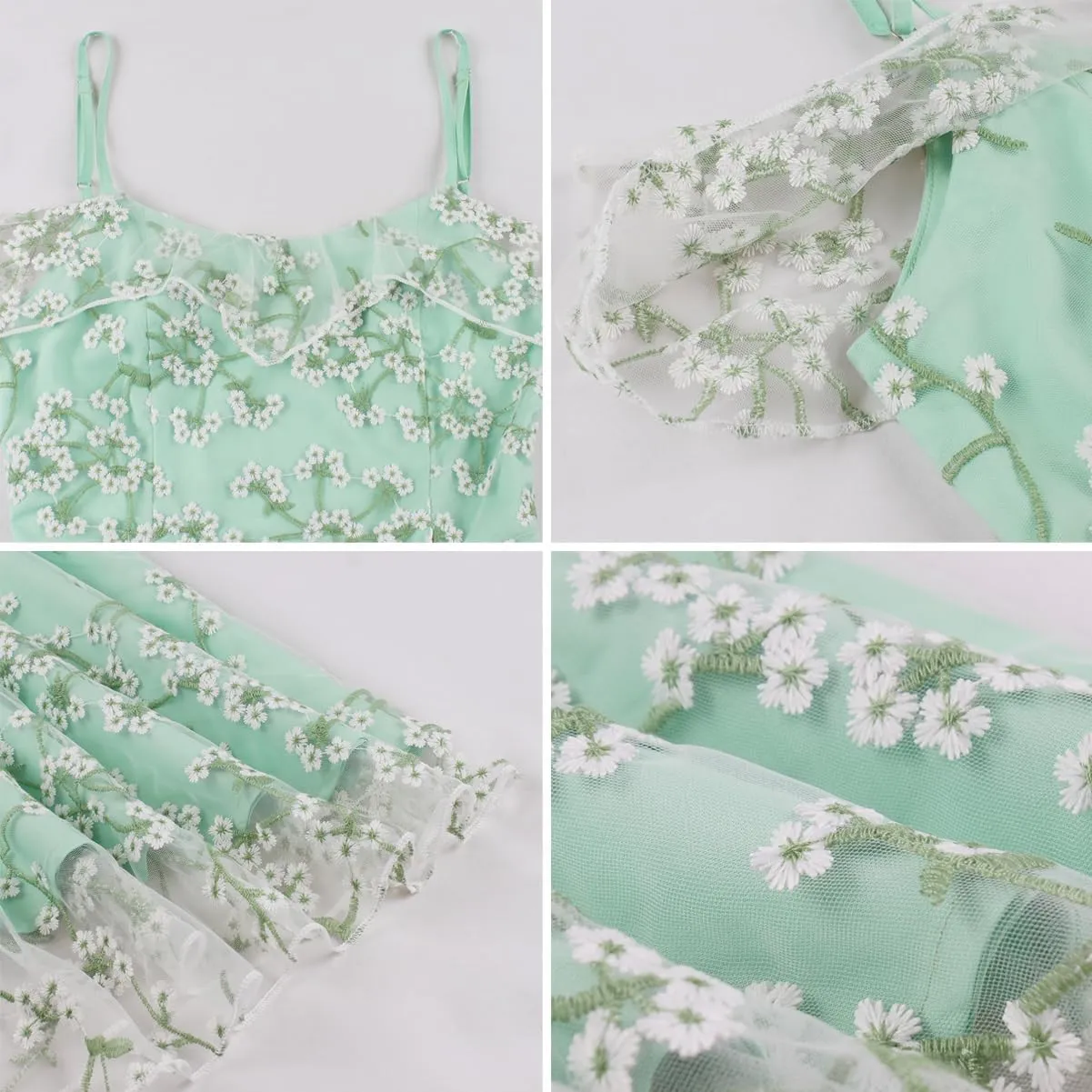 Ruffle Spaghetti Strap Floral Embroidered Dress for Women Flower Wedding Guest Dress Mesh Tulle Prom Tea Party Cocktail Dress
