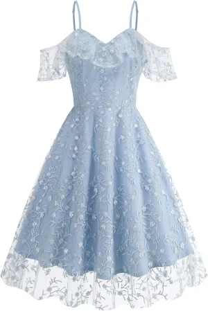 Ruffle Spaghetti Strap Floral Embroidered Dress for Women Flower Wedding Guest Dress Mesh Tulle Prom Tea Party Cocktail Dress