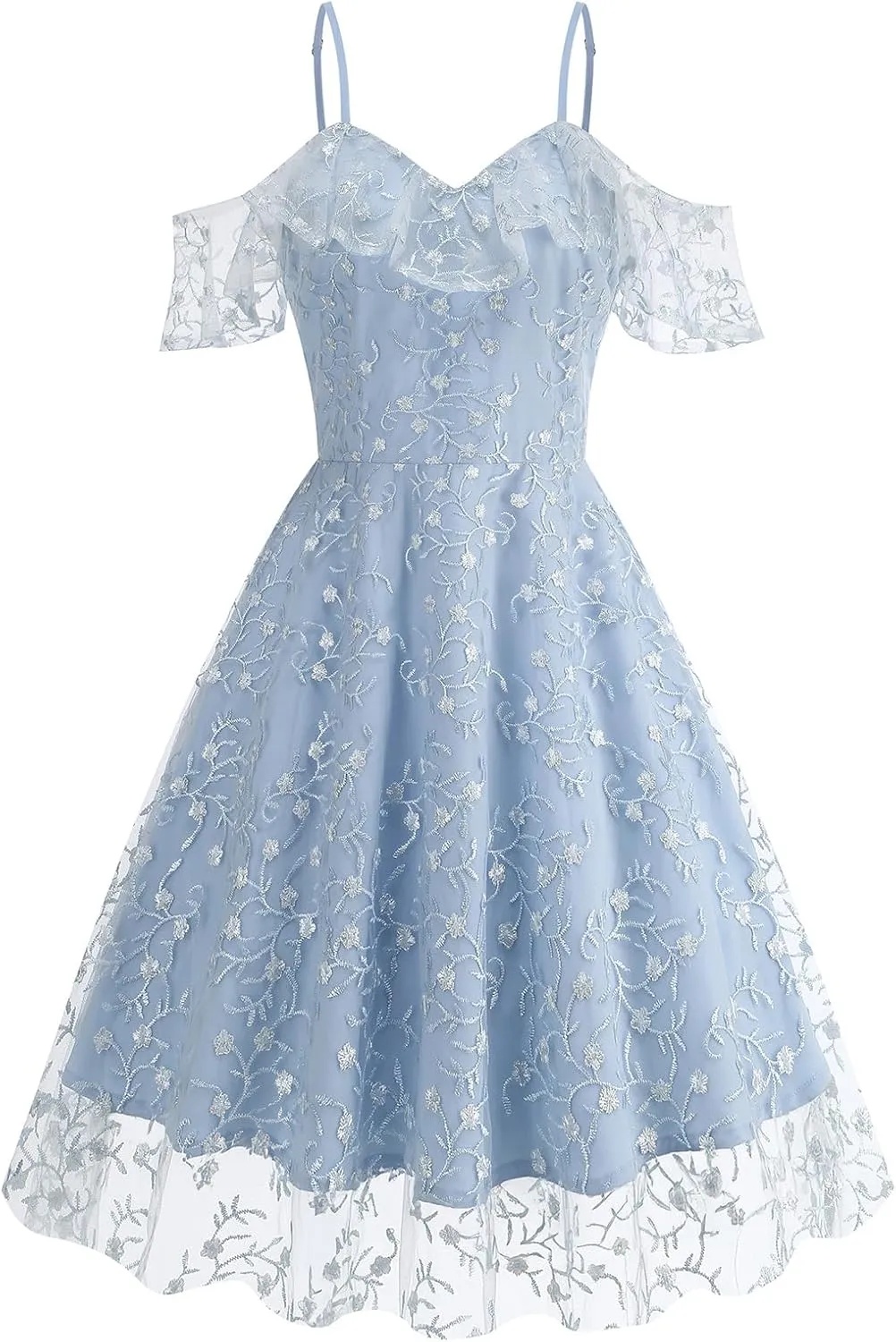 Ruffle Spaghetti Strap Floral Embroidered Dress for Women Flower Wedding Guest Dress Mesh Tulle Prom Tea Party Cocktail Dress