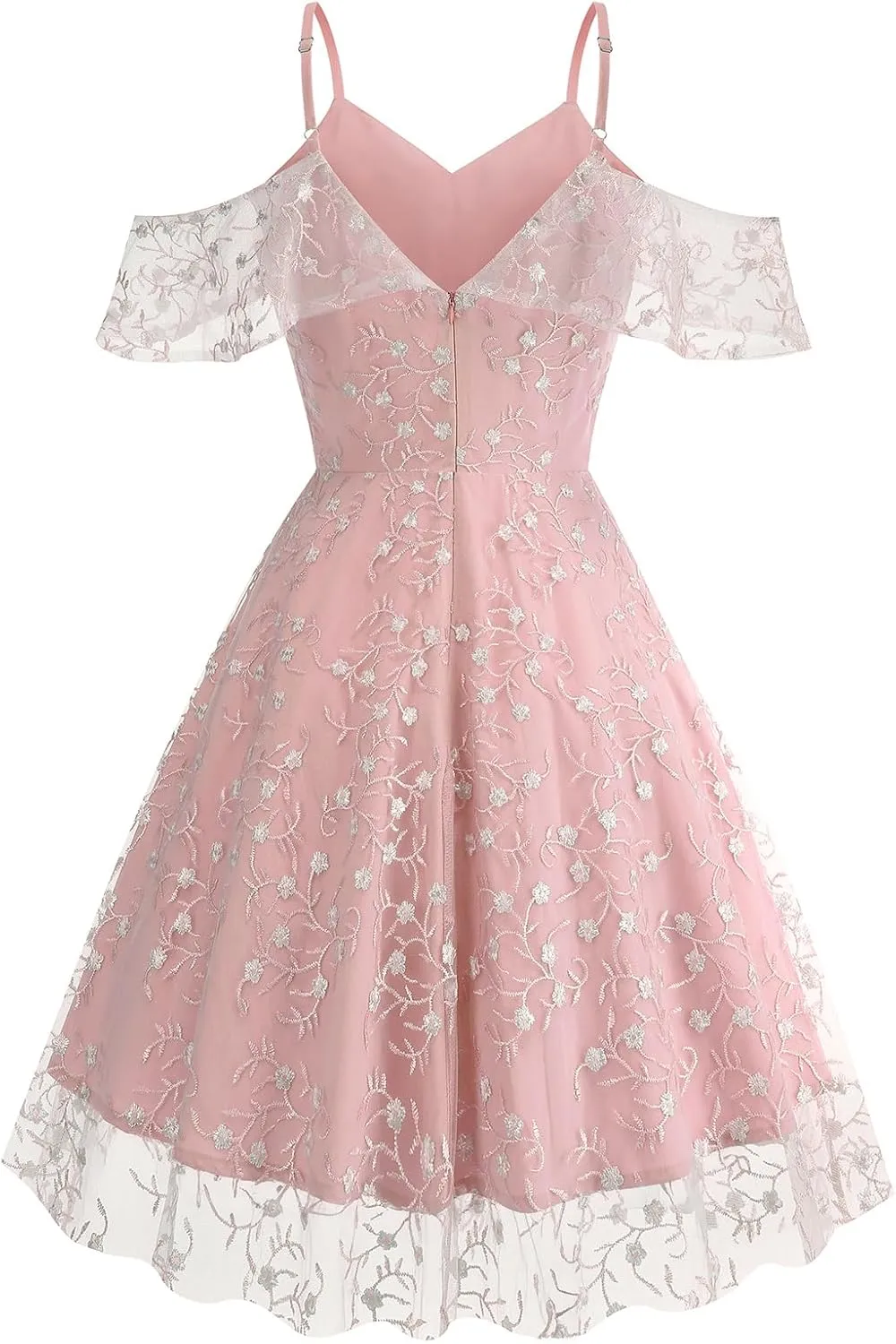 Ruffle Spaghetti Strap Floral Embroidered Dress for Women Flower Wedding Guest Dress Mesh Tulle Prom Tea Party Cocktail Dress