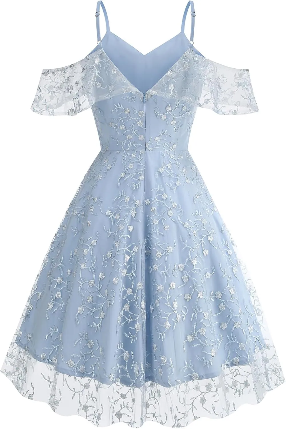 Ruffle Spaghetti Strap Floral Embroidered Dress for Women Flower Wedding Guest Dress Mesh Tulle Prom Tea Party Cocktail Dress
