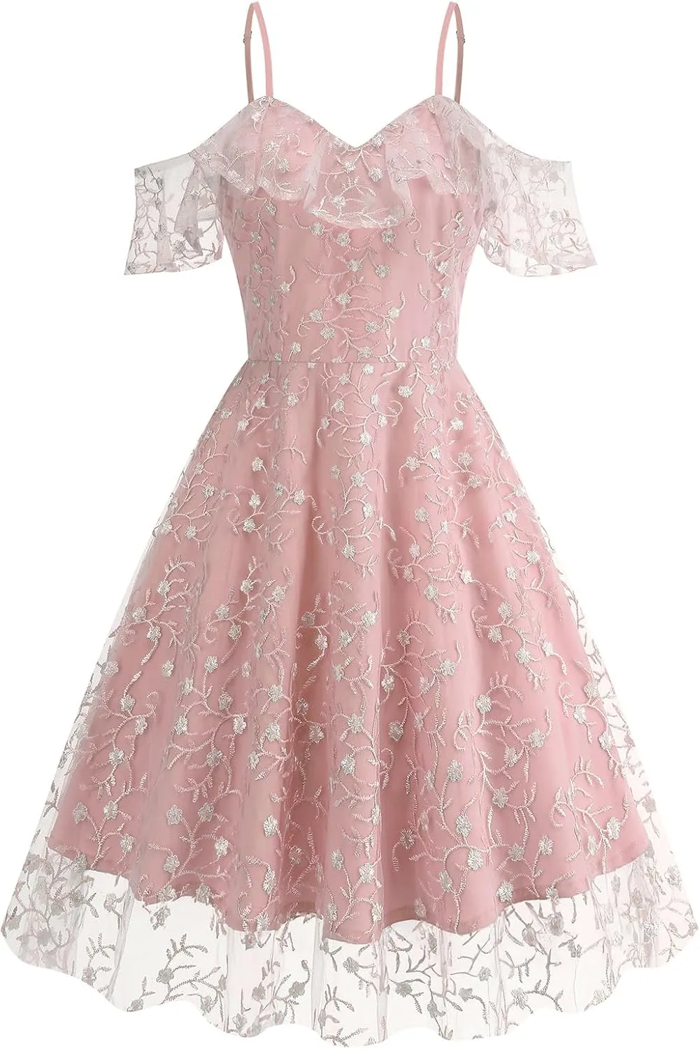 Ruffle Spaghetti Strap Floral Embroidered Dress for Women Flower Wedding Guest Dress Mesh Tulle Prom Tea Party Cocktail Dress