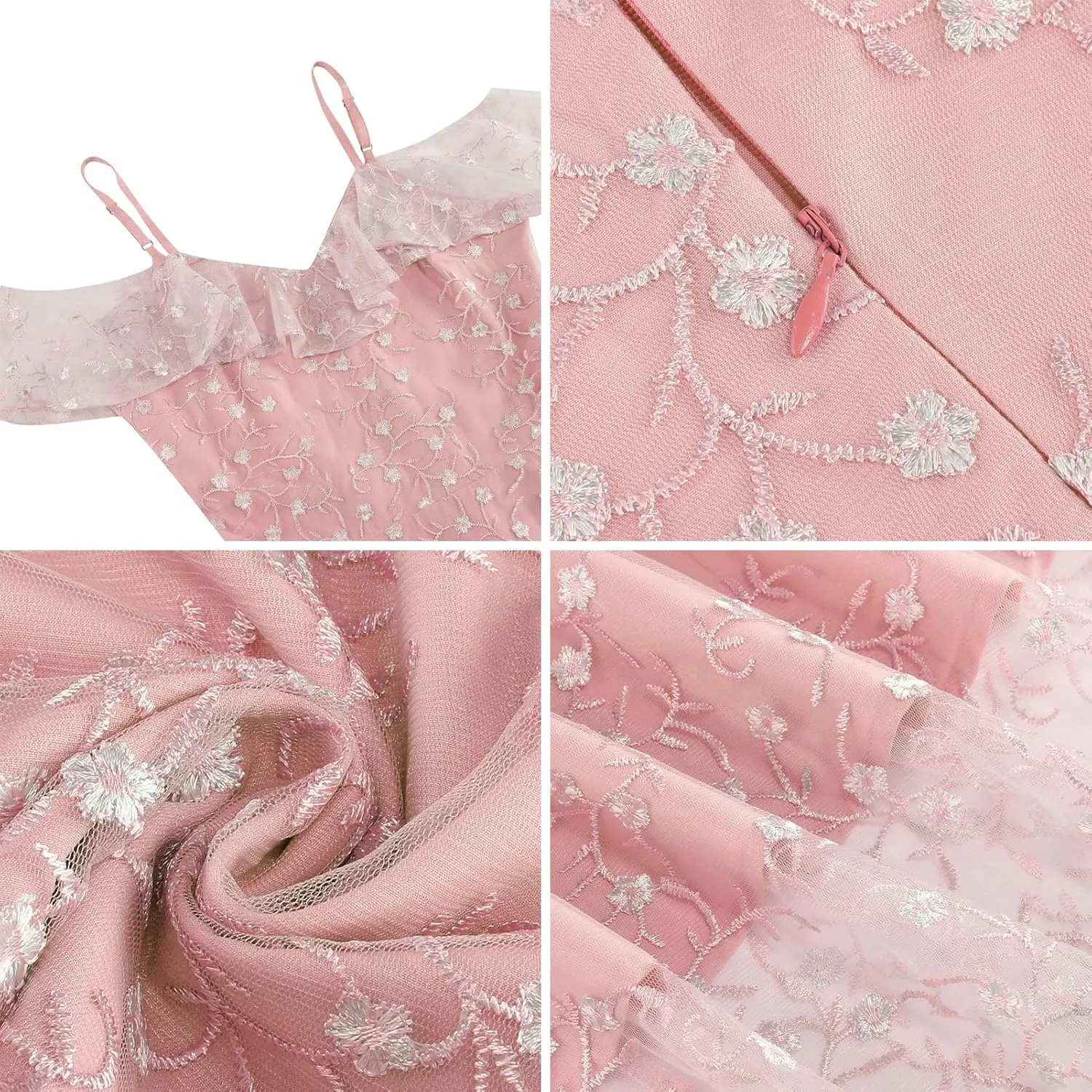 Ruffle Spaghetti Strap Floral Embroidered Dress for Women Flower Wedding Guest Dress Mesh Tulle Prom Tea Party Cocktail Dress