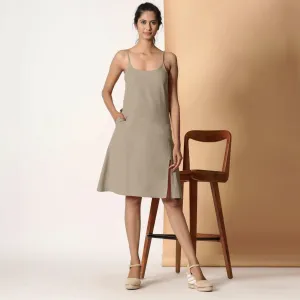 Sand Beige Cotton Flax Knee Length Strappy Slit Dress