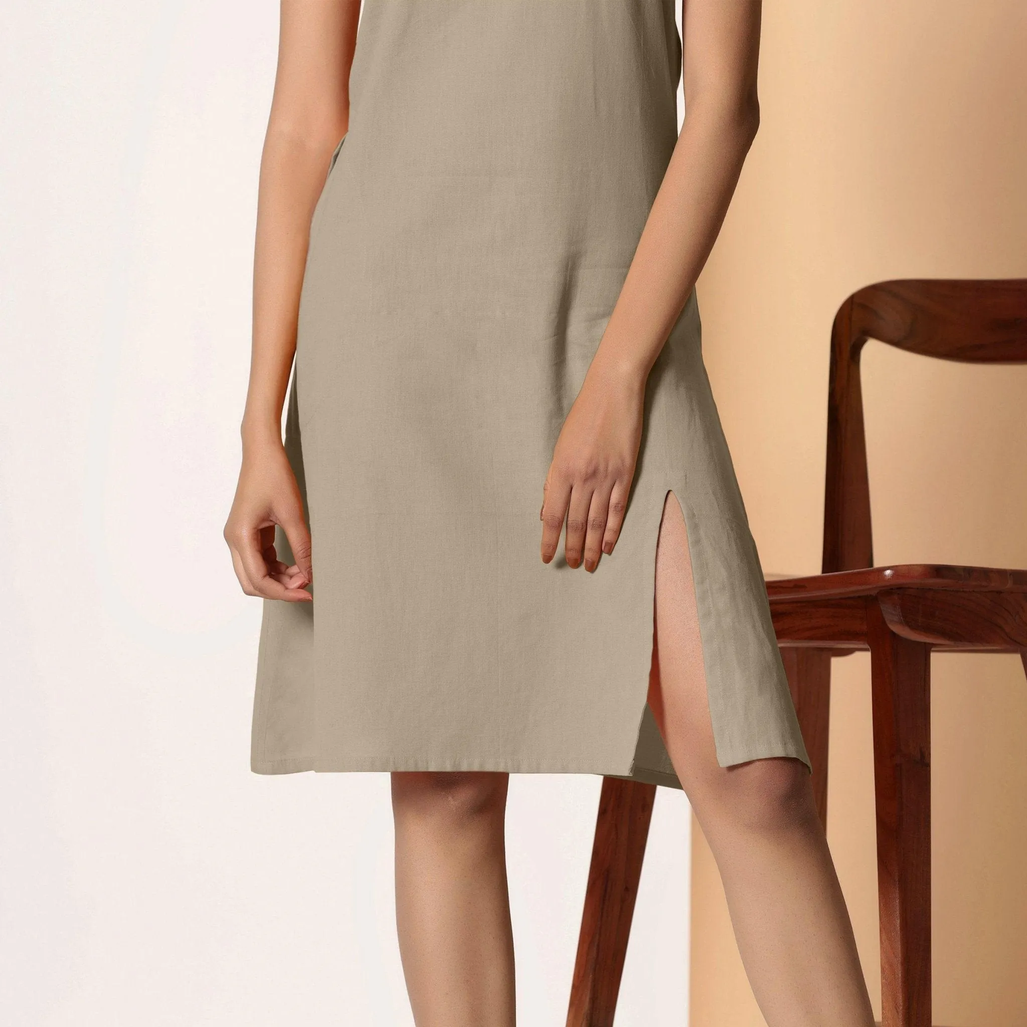 Sand Beige Cotton Flax Knee Length Strappy Slit Dress