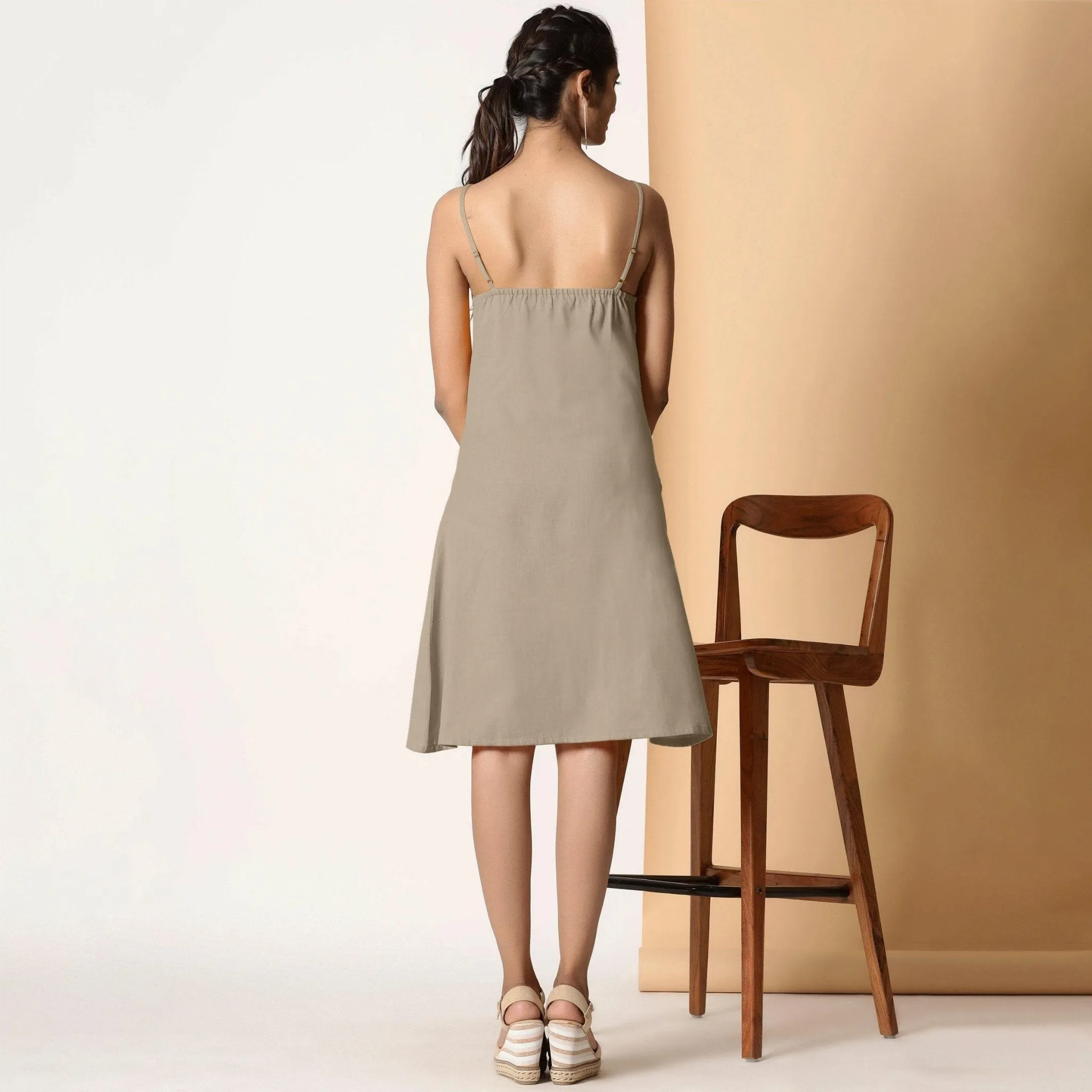 Sand Beige Cotton Flax Knee Length Strappy Slit Dress
