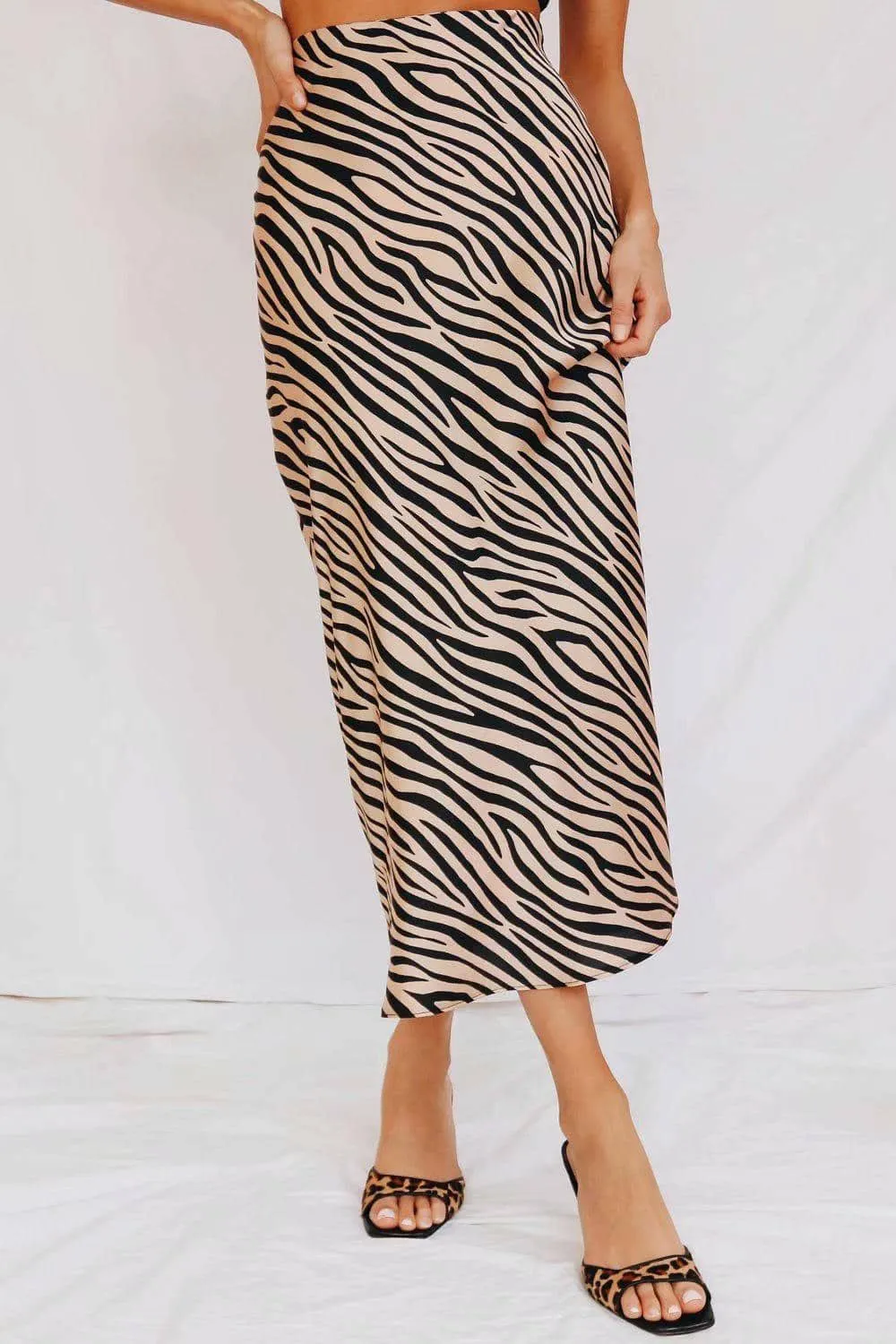 Satin A-line High Waist Animal Print Skirts