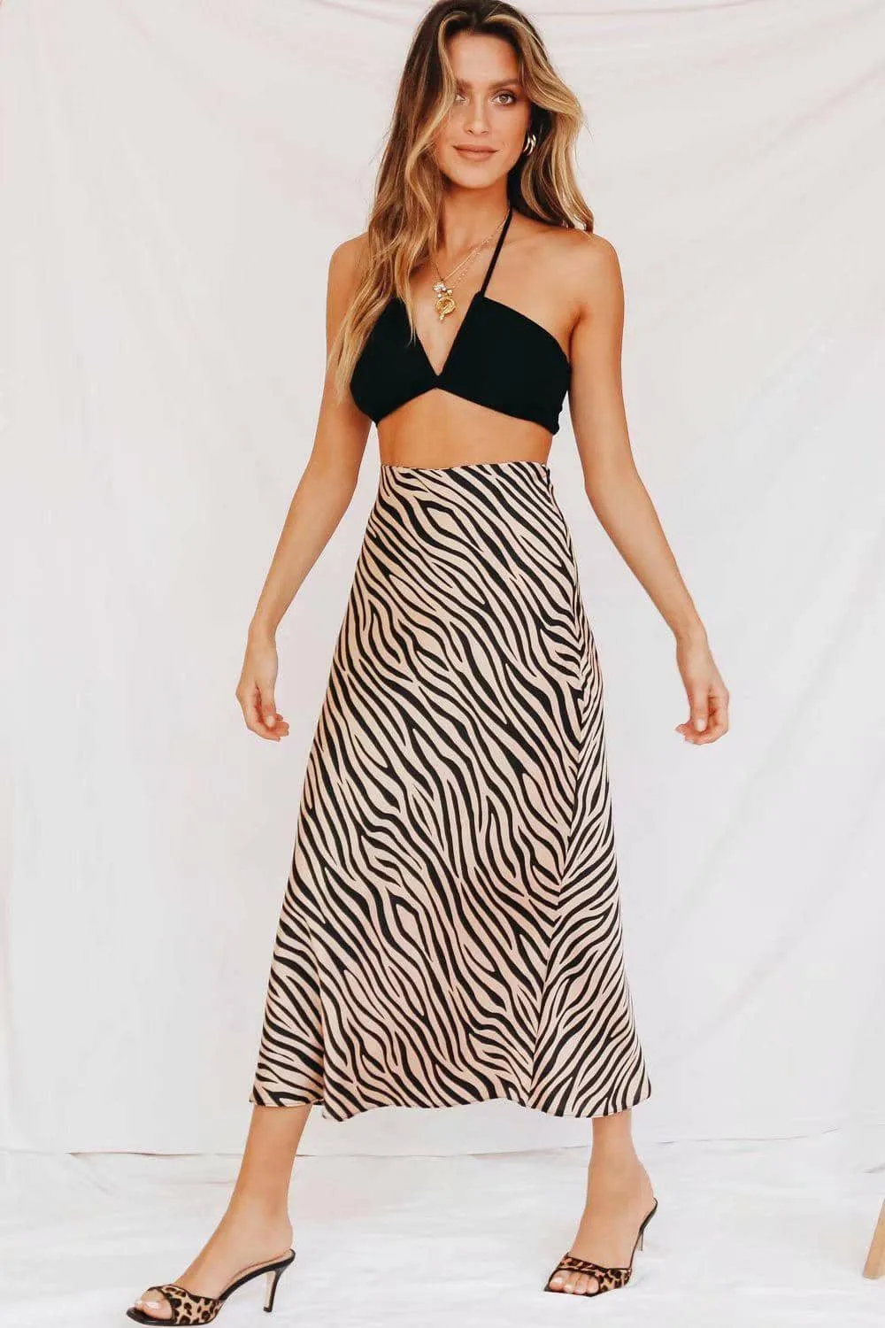 Satin A-line High Waist Animal Print Skirts