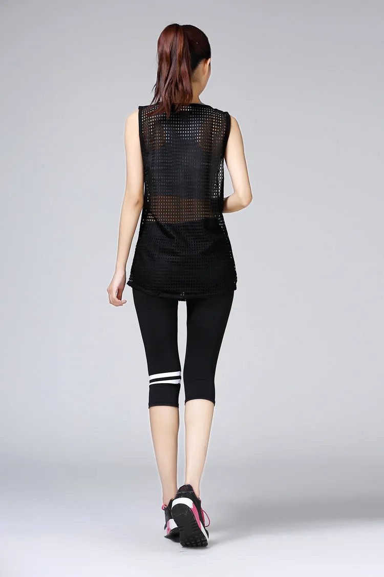 See Through Mesh Sleeveless Fitness Women Summer Loose Jogging Sporty Tank Top Korean Slim Look Yoga Activewear