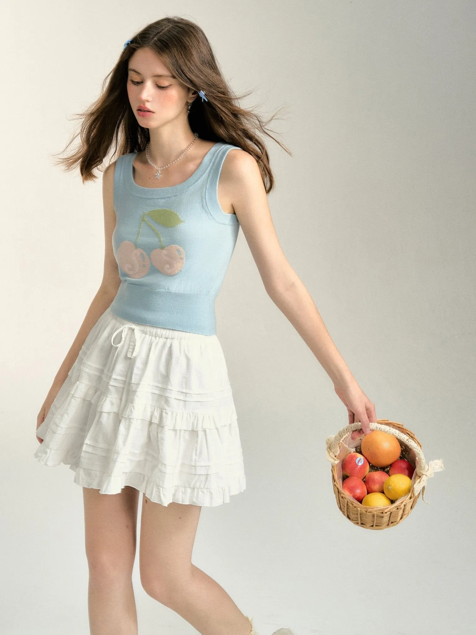 Sequined Cherry Knit Tank Top in Blue