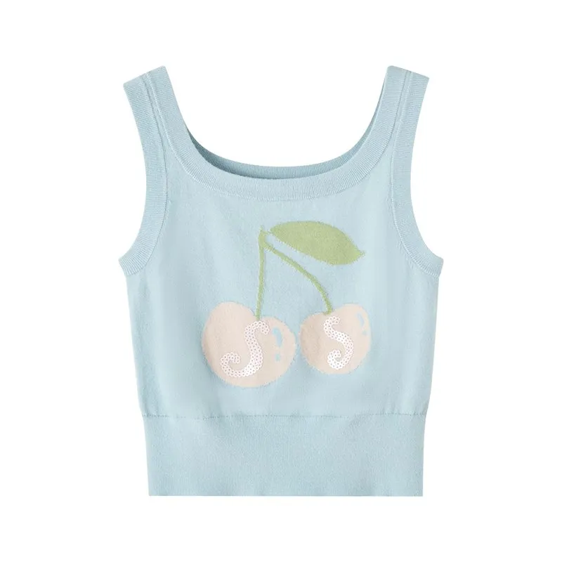 Sequined Cherry Knit Tank Top in Blue