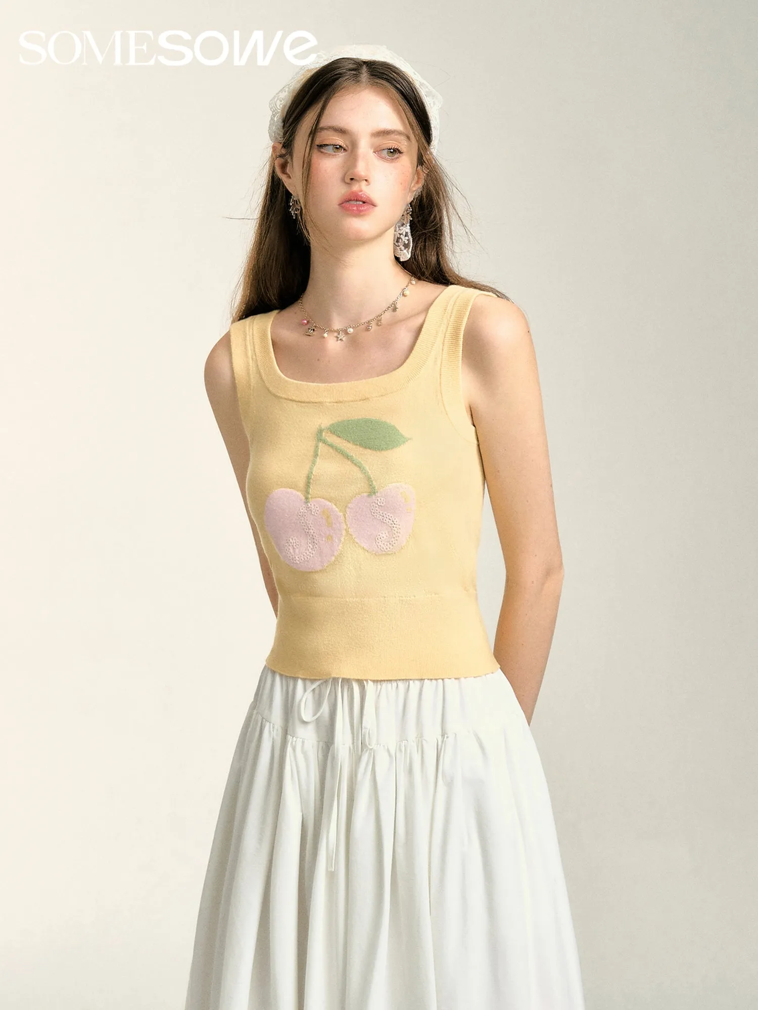 Sequined Cherry Knit Tank Top in Yellow