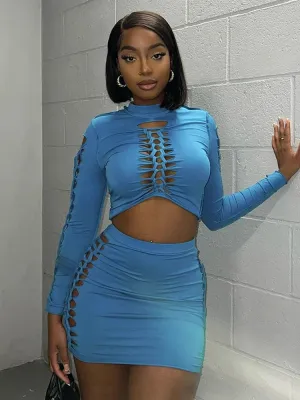 Sexy Women's suit Long Sleeve hollow out navel top   tight skirt 2 piece set women
