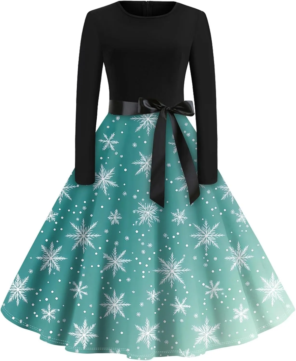 SGASY Christmas Dresses for Women 2024 Tie Waist 1950s O Neck Long Sleeve Vintage Swing Cocktail Party Dress