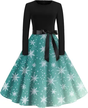 SGASY Christmas Dresses for Women 2024 Tie Waist 1950s O Neck Long Sleeve Vintage Swing Cocktail Party Dress